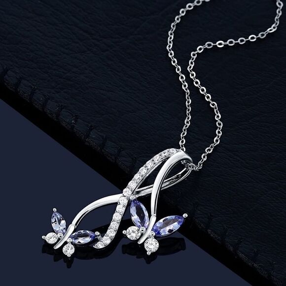.925 Sterling Silver with Blue Tanzanite and Cubic Zirconia Butterfly Necklace - Picture 3 of 5